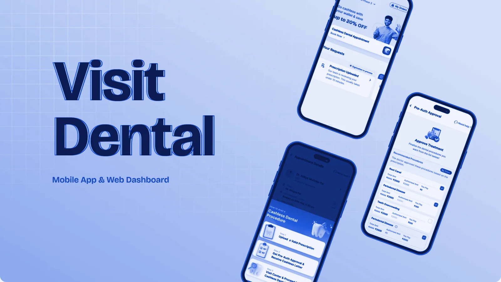 Visit Dental mobile app screens: cashless dental booking, pre-auth approval and appointment details